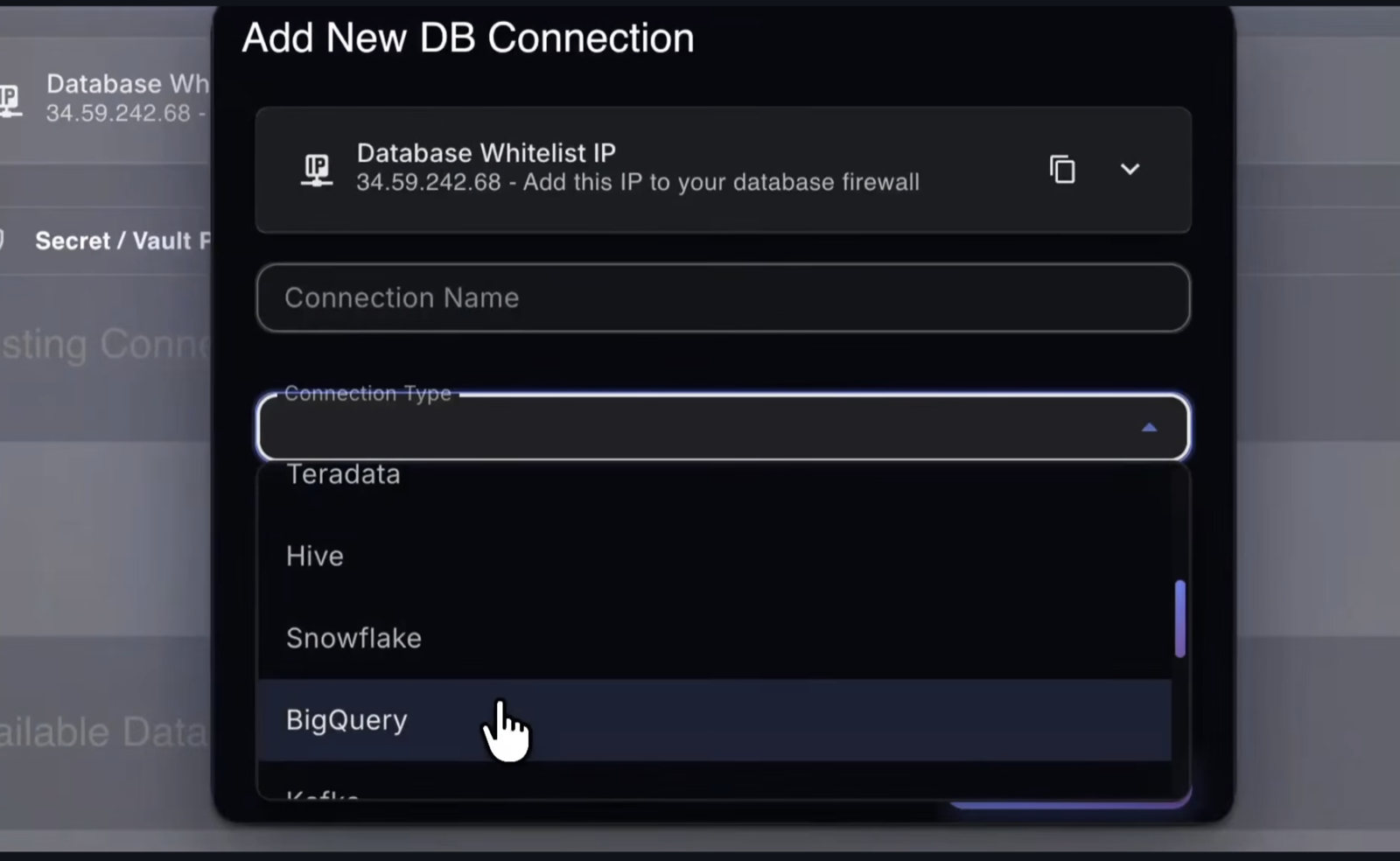Dagen workspace adding a new database connection, with connector type selected from a dropdown of supported sources